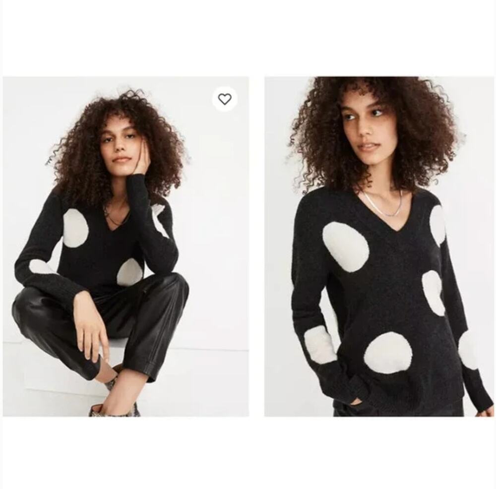 Madewell Wool Alpaca Blend Polka Dot Bartlett Coziest Yarn V-Neck Sweater size M